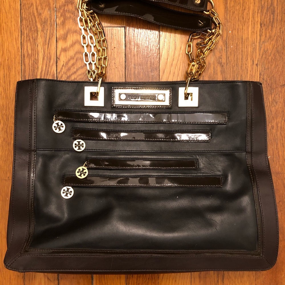 Tory Burch navy and chocolate leather bag
